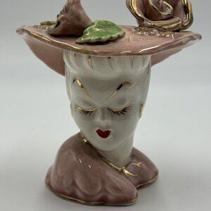 Vintage Lady Head Vase Planter Closed Eyes Pink Gold Accents Flowers Bow